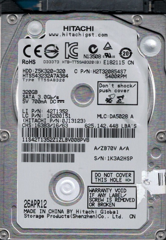 Hitachi HTS543232A7A384 P/N: 0J13123 MLC: DA5028 320GB China