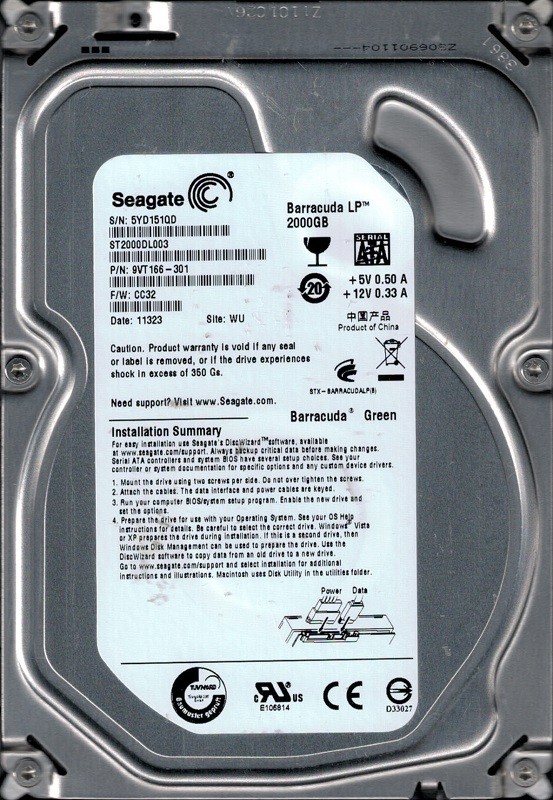 ST2000DL003 P/N: 9VT166-301 F/W: CC32 WU 5YD Seagate 2TB