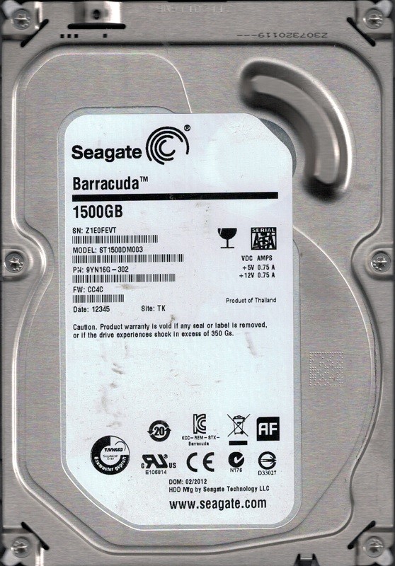 Seagate ST1500DM003 P/N: 9YN16G-302 F/W: CC4C 1.5TB TK Z1E