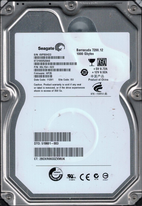 Seagate ST31000528AS P/N: 9SL154-023 F/W: HP35 1TB SU 6VP