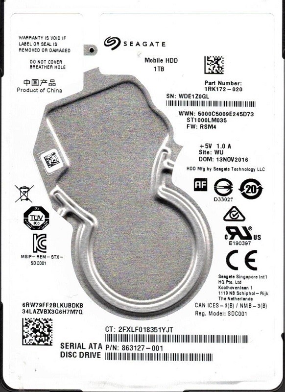 ST1000LM035 P/N: 1RK172-020 F/W: RSM4 WU WDE Seagate 1TB 2.5" HDD