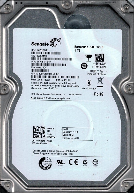 Seagate ST31000524AS P/N: 9YP154-519 F/W: JC47 1TB SU 6VP