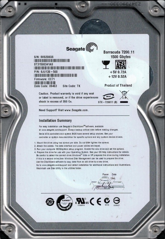 Seagate ST31500341AS F/W: CC71 P/N: 9JU138-568 1.5TB TK 9VS