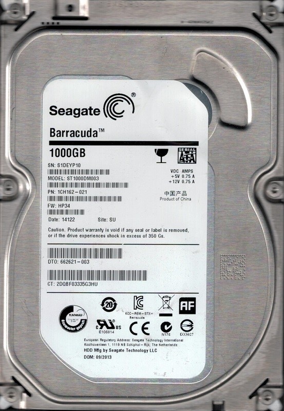 Seagate ST1000DM003 P/N: 1CH162-021 F/W: HP34 SU S1D 1TB