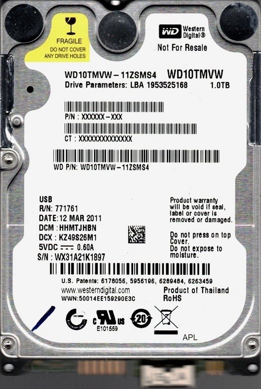 WD10TMVW-11ZSMS4 DCM: HHMTJHBN WX31A Western Digital 1TB