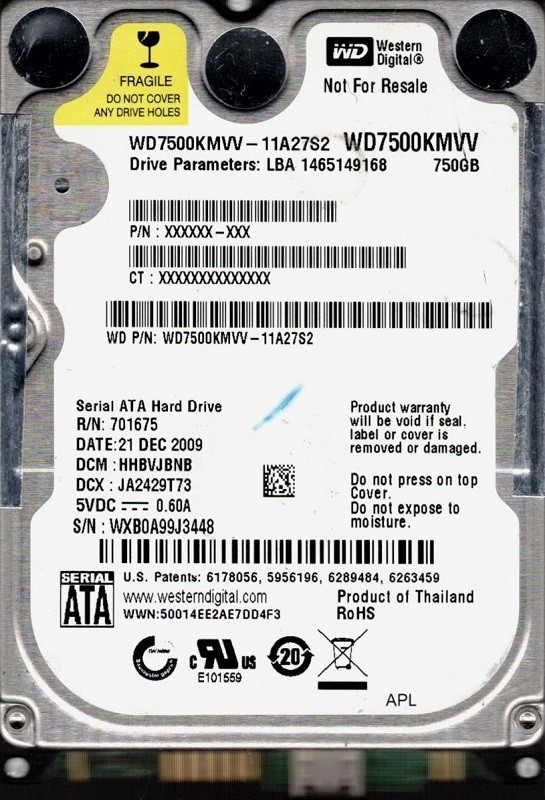 Western Digital WD7500KMVV-11A27S2 USB 2.0 750GB DCM: HHBVJBNB WXB0A