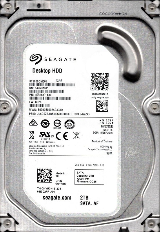 ST2000DM001 P/N: 1ER164-510 F/W: CC26 TK Z4Z Seagate 2TB Desktop HDD