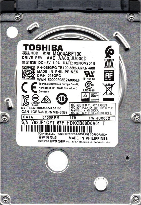 MQ04ABF100 AAD AA00/JU000D Toshiba 1TB
