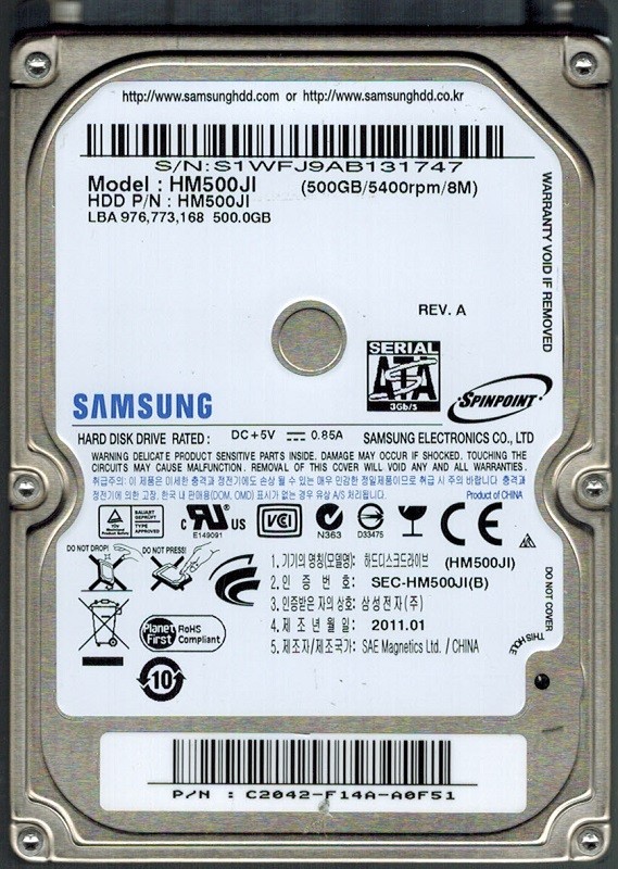 Samsung HM500JI SPINPOINT 500GB P/N: C2042-F14A-A0F51