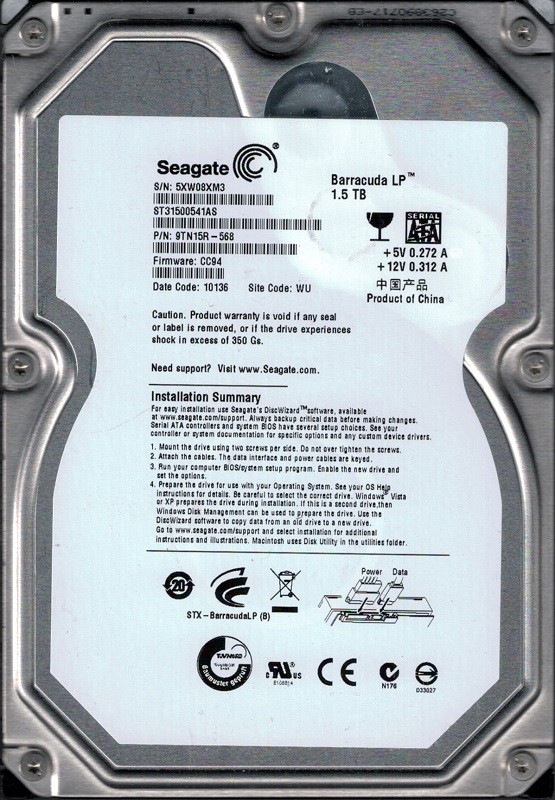 Seagate ST31500541AS P/N: 9TN15R-568 1.5TB F/W: CC94 WU
