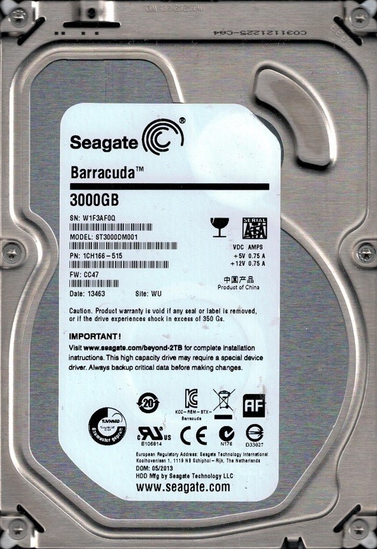 ST3000DM001 F/W: CC47 P/N: 1CH166-515 WU W1F3 Seagate 3TB