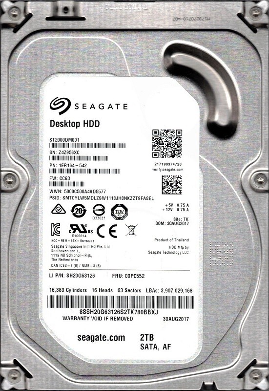 ST2000DM001 P/N: 1ER164-542 F/W: CC63 TK Z4Z Seagate 2TB