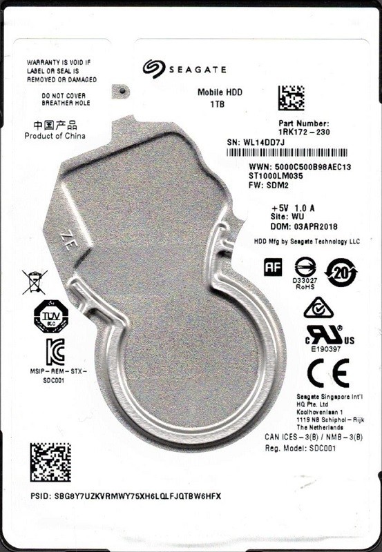 ST1000LM035 P/N: 1RK172-230 F/W: SDM2 WU WL1 Seagate 1TB