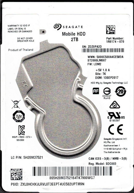 ST2000LM007 P/N: 1R8174-070 F/W: LDM2 TK ZDZ Seagate Mobile HDD 2TB