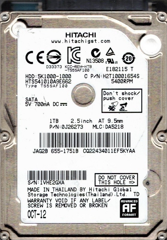 Hitachi HTS541010A9E662 P/N: 0J26273 MLC: DA5218 MAC 655-1751B 1TB