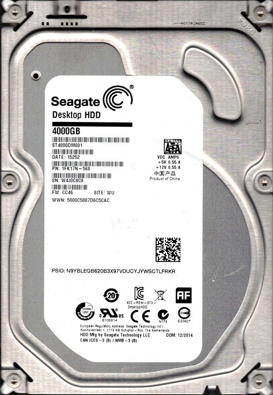 ST4000DM001 P/N: 1FK17N-568 F/W: CC46 WU W4J0 Seagate 4TB