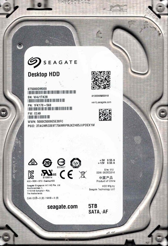 ST5000DM000 P/N: 1FK178-568 F/W: CC49 WU W4J DEC 2016 Seagate 5TB