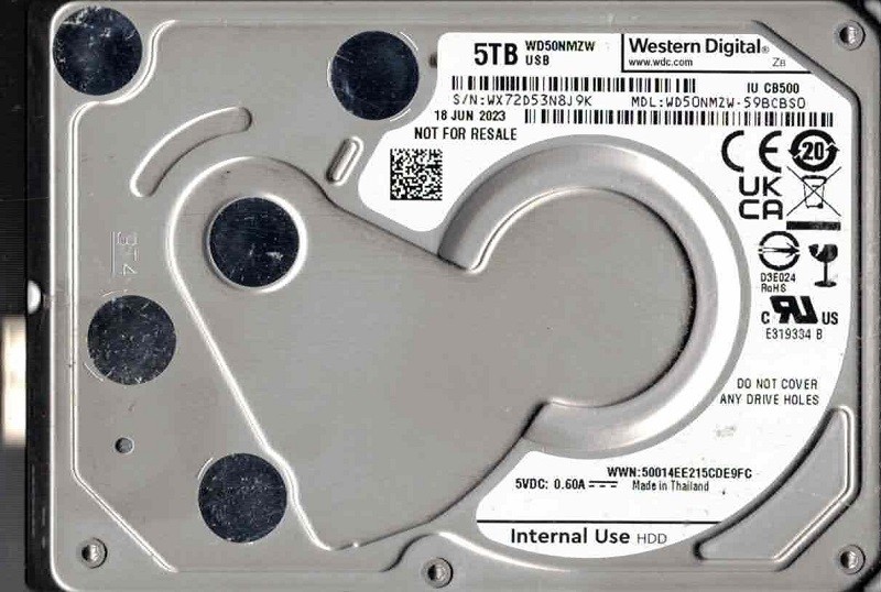 WD50NMZW-59BCBS0 USB 3.0 WX72D JUN 2023 Western Digital 5TB USB Hard Drive