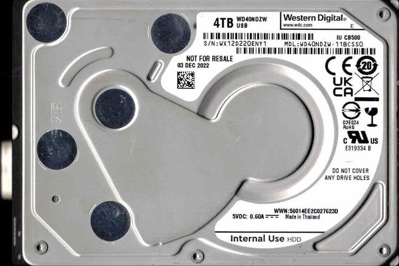 WD40NDZW-11BCSS0 USB 3.0 WX12D DEC 2022 Thailand Western Digital 4TB