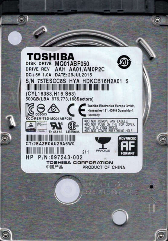 MQ01ABF050 AAH AA01/AM0P2C China Toshiba 500GB