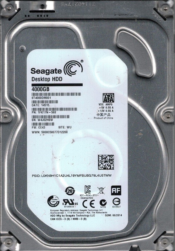 ST4000DM001 P/N: 1FK17N-568 F/W: CC43 WU W4J Seagate 4TB