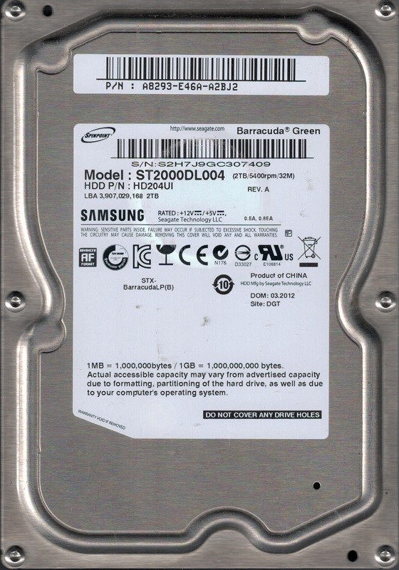 Samsung ST2000DL004 HD204UI P/N: A8293-E46A-A2BJ2 2TB Seagate