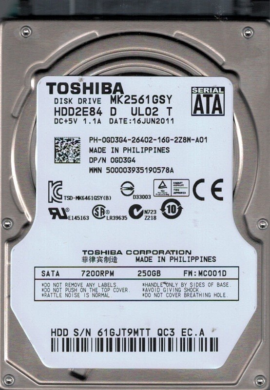 MK2561GSY HDD2E84 D UL02 T F/W: MC001D Toshiba 250GB