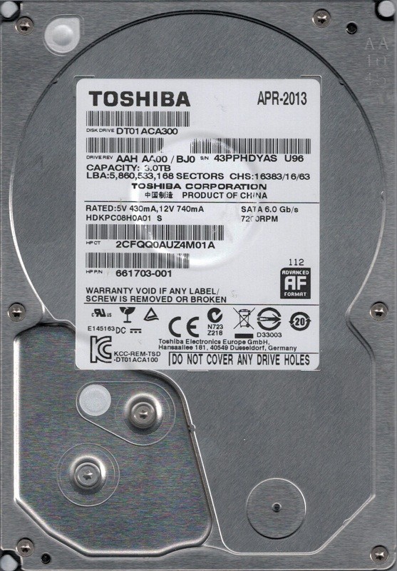 DT01ACA300 AAH AA00/BJ0 CHINA Toshiba 3TB