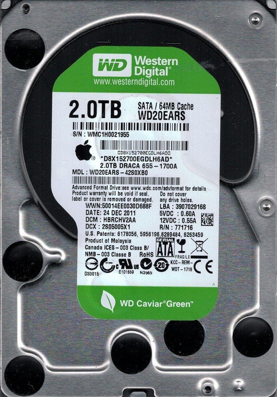 WD20EARS-42S0XB0 DCM: HBRCHV2AA MAC 655-1700A Western Digital 2TB