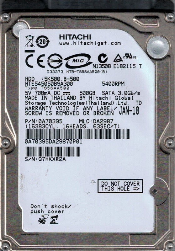Hitachi HTE545050B9A300 P/N: 0A70395 MLC: DA2987 500GB Thailand