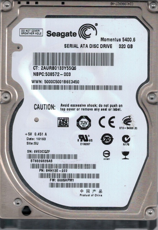 ST9320325AS P/N: 9HH13E-022 F/W: 0005HPM1 SU 6VE Seagate 320GB