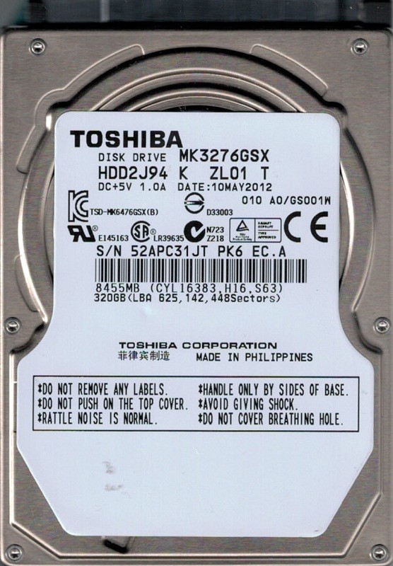 MK3276GSX HDD2J94 K ZL01 T Toshiba 320GB F/W: A0/GS001W