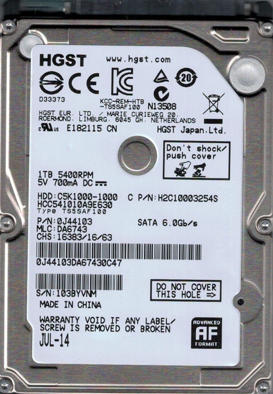 HCC541010A9E630 P/N: 0J44103 MLC: DA6743 China HGST 1TB