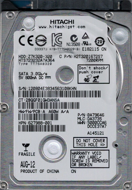 Hitachi HTS723232A7A364 MLC: DA3735 P/N: 0A79646 320GB Laptop Hard Drive