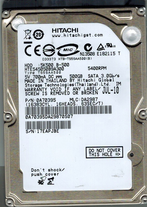 HTE545050B9A300 Hitachi MLC: DA2987 P/N: 0A70395 500GB