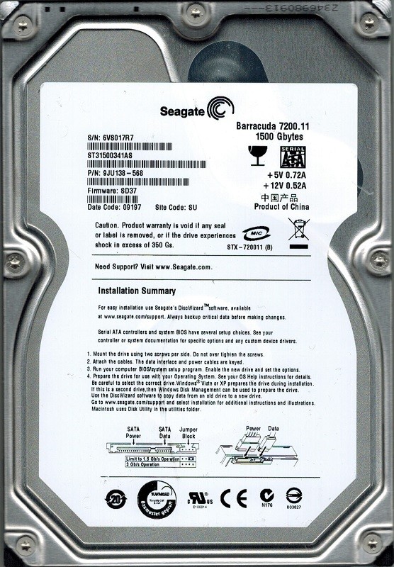 Seagate ST31500341AS F/W: SD37 P/N: 9JU138-568 SU 1.5TB