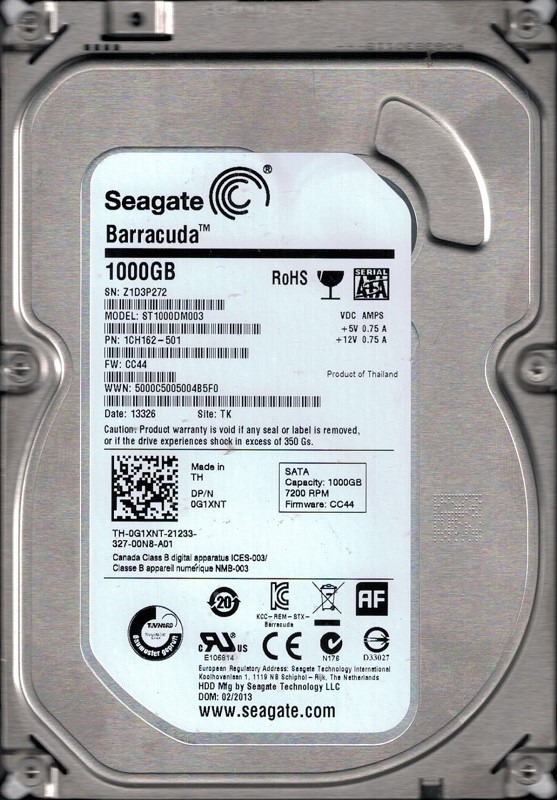 ST1000DM003 P/N: 1CH162-501 F/W: CC44 TK Z1D Seagate 1TB