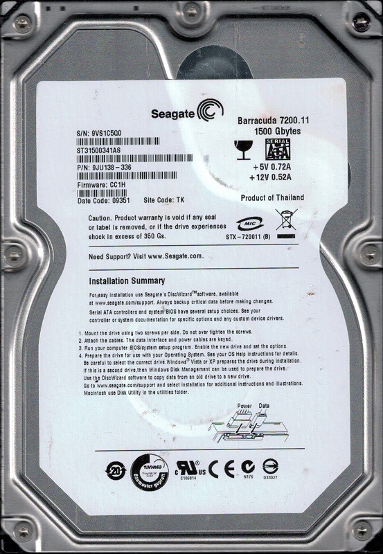Seagate ST31500341AS F/W: CC1H P/N: 9JU138-336 1.5TB TK