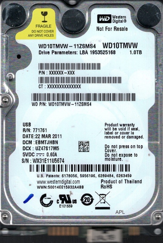 Western Digital WD10TMVW-11ZSMS4 DCM: EBMTJHBN WX31E USB 3.0 1TB