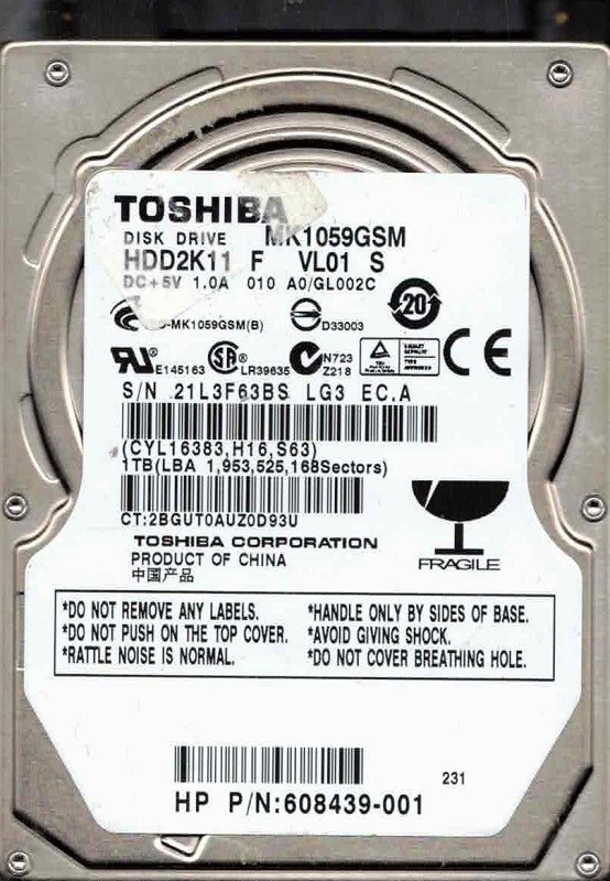 Toshiba MK1059GSM HDD2K11 F VL01 S A0/GL002C 1TB CHINA