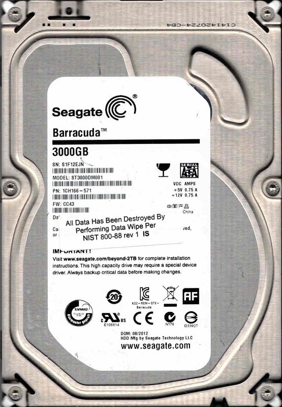 ST3000DM001 P/N: 1CH166-571 F/W: CC43 SU S1F 08/2012 Seagate 3TB