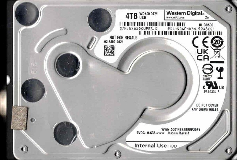 WD40NDZM-59A8KS1 WX62D AUG 2021 Thailand Western Digital 4TB USB Hard Drive