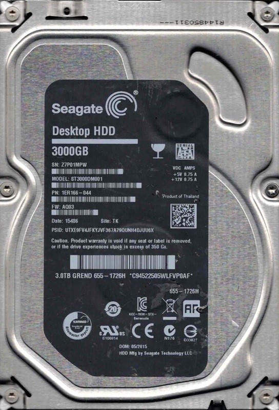 ST3000DM001 P/N: 1ER166-044 F/W: AQ03 TK Z7P0 MAC 655-1726H 05/2015 SEAGATE 3TB
