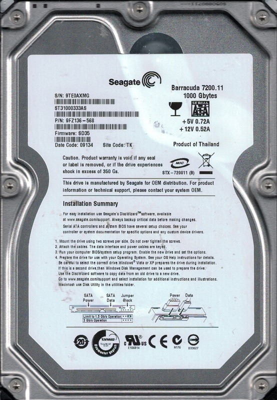 Seagate ST31000333AS P/N: 9FZ136-568 F/W: SD35 1TB TK 9TE