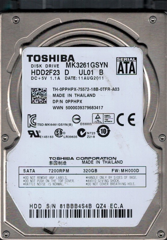 Toshiba MK3261GSYN HDD2F23 D UL01 B 320GB SATA THAILAND