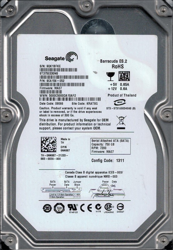 Seagate ST3750330NS F/W: MA07 P/N: 9CA156-052 KRATSG 9QK 750GB