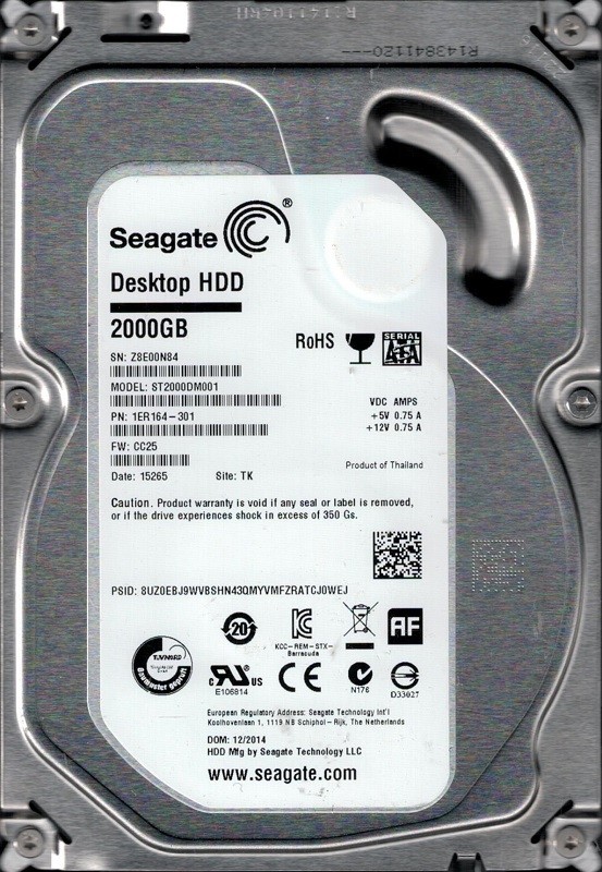 ST2000DM001 P/N: 1ER164-301 F/W: CC25 TK Z8E Seagate 2TB