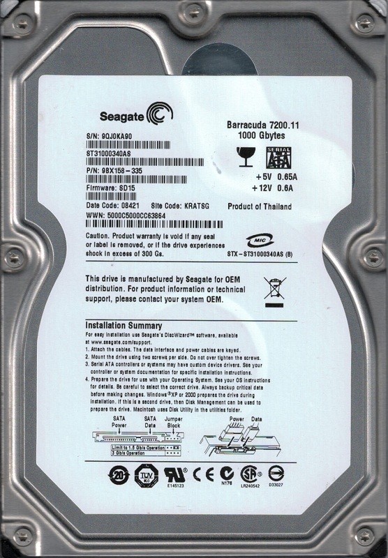 Seagate ST31000340AS F/W: SD15 P/N: 9BX158-335 1TB KRATSG