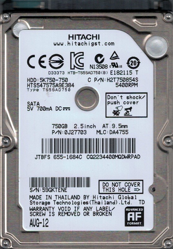Hitachi HTS547575A9E384 P/N: 0J27703 MLC: DA4755 MAC 655-1684C