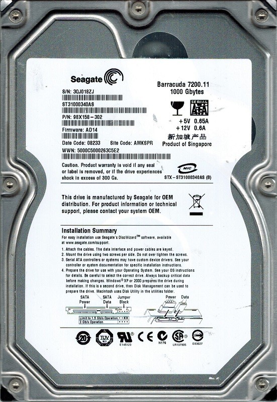 Seagate ST31000340AS P/N: 9BX158-302 F/W: AD14 1TB AMKSPR